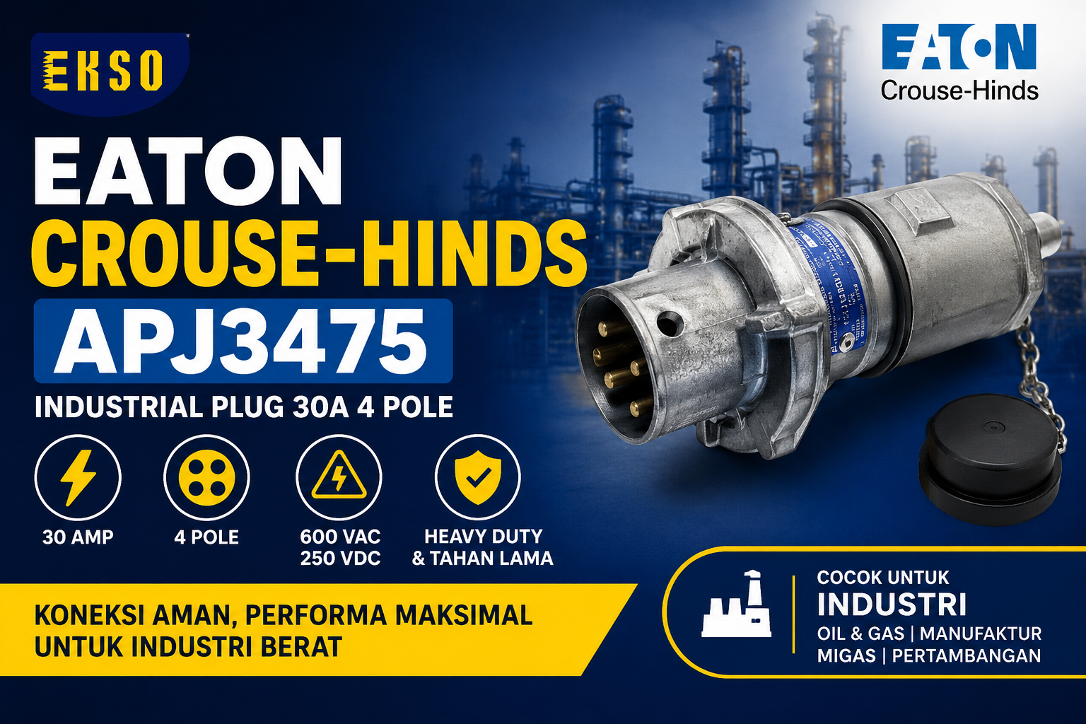 EATON CROUSE-HINDS APJ3475: Plug Industri 30A 4 Pole Tahan Lama untuk Area Industri dan Hazardous Area